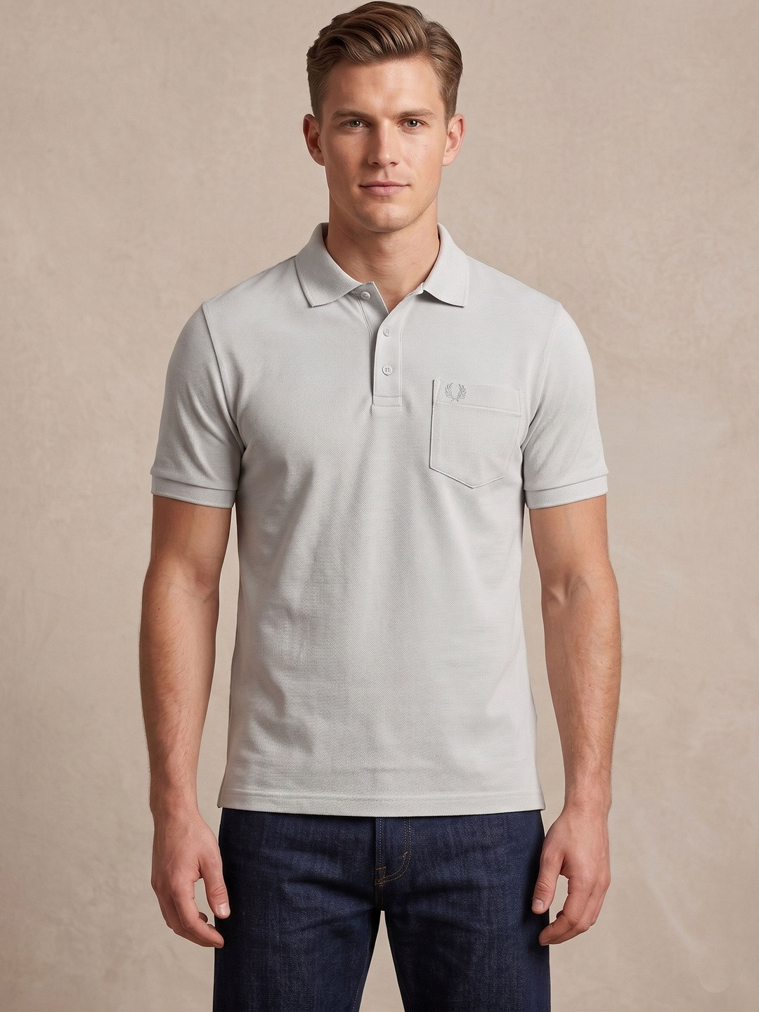 UNEX Men Brand Logo Polo Collar Pockets Cotton T-shirt