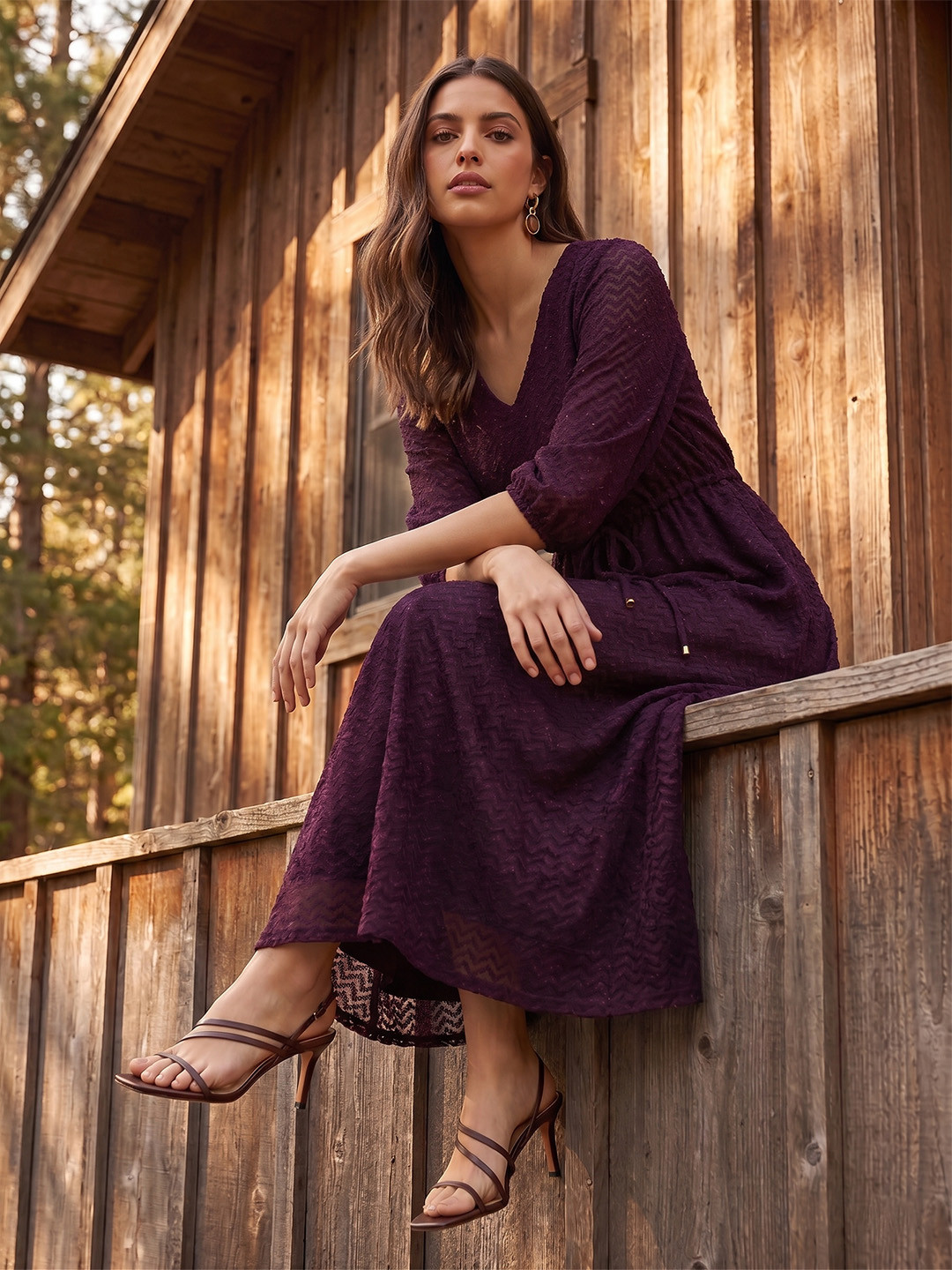 all about you Self Design Puff Sleeve Fit & Flare Midi Dress