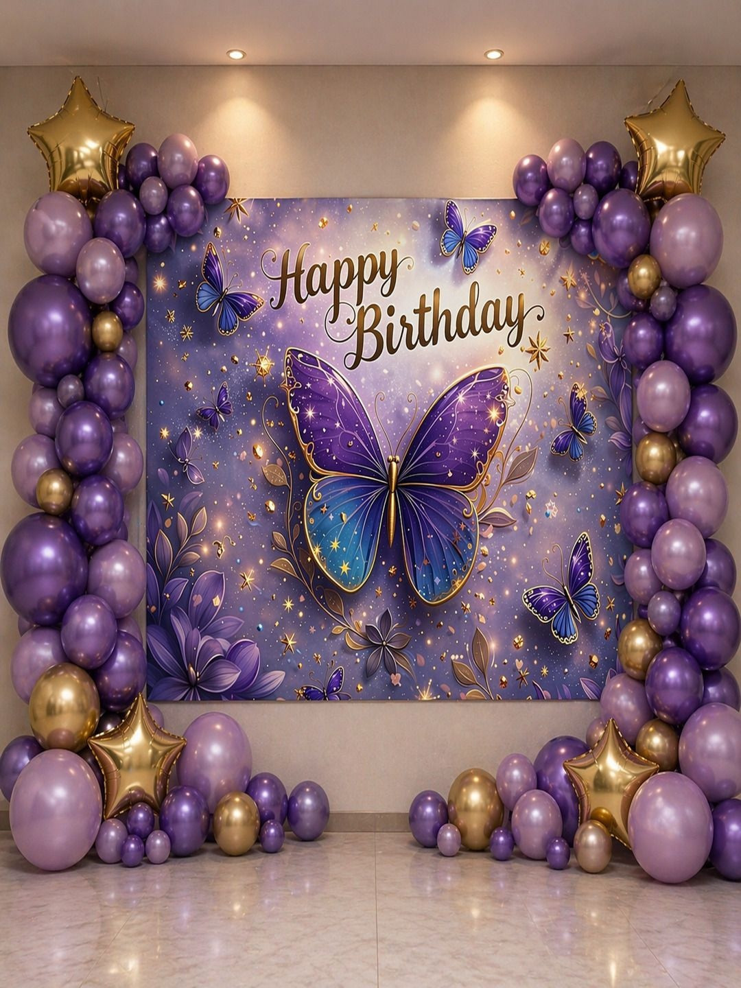 SKYWINS Purple & Yellow Glossy Festive Decor - Butterfly Theme Birthday Decoration Kit