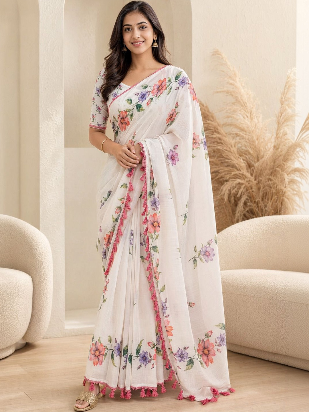KRISHNA KURTIES Floral Cotton Blend Fusion Khadi Saree