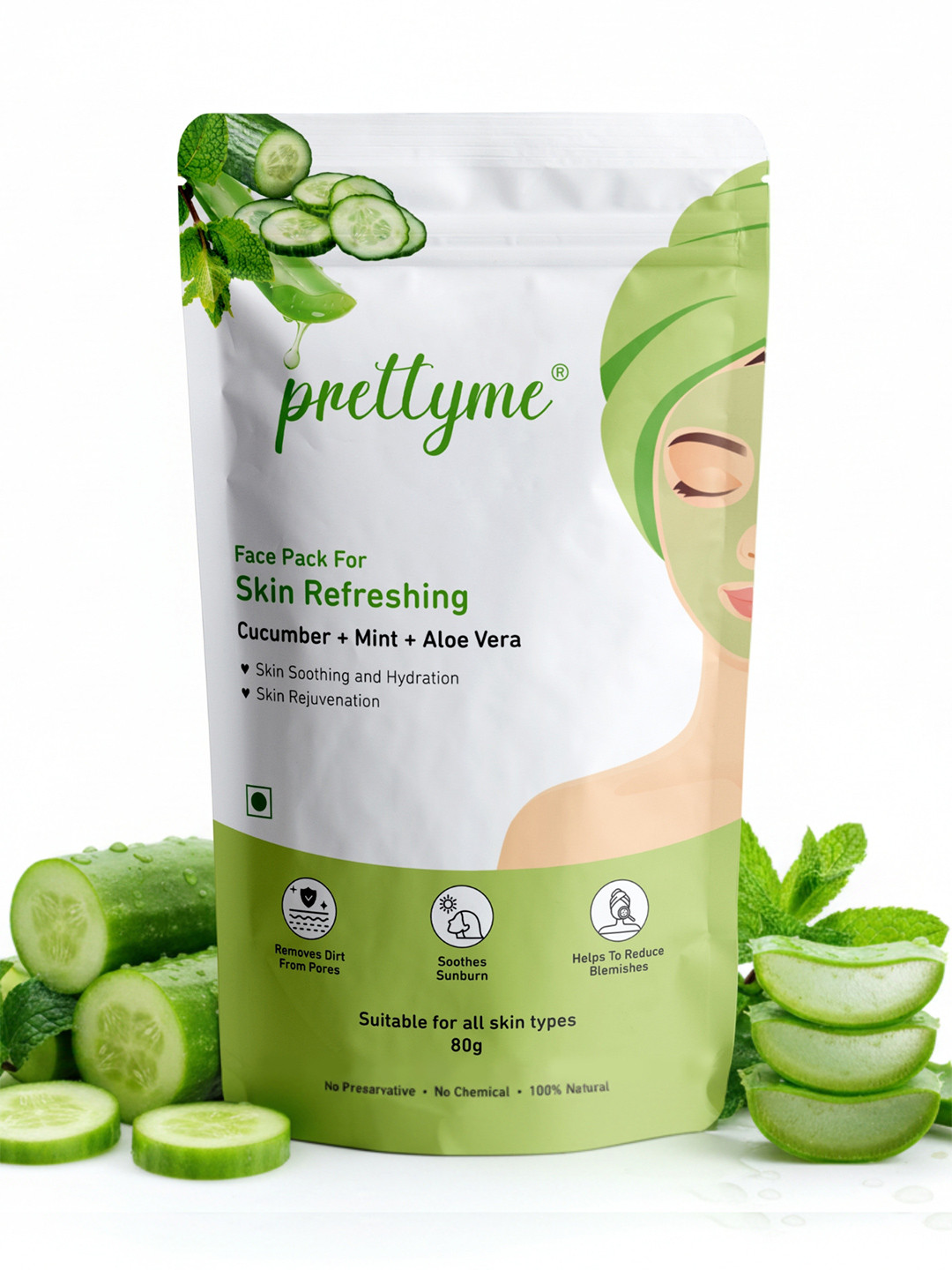 Prettyme Cucumber Mint & Aloe Vera Refreshing & Hydrating Glow Face Pack Powder - 80 g