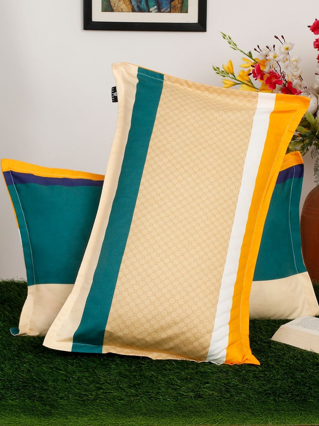 Myntra Elegant Homes Beige & Yellow 2 Pieces Floral Cotton Linen Blend Rectangle Pillow Covers