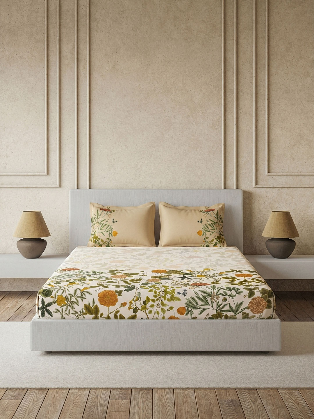 DDecor Brown & Beige Floral 144 TC King Bedsheet with 2 Pillow Covers