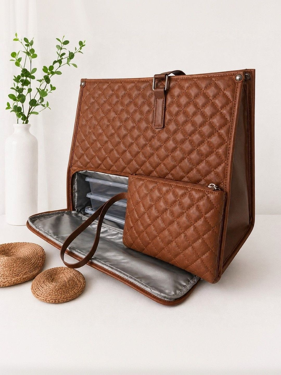 Elleivry Textured Structured Tote Bag with Quilted
