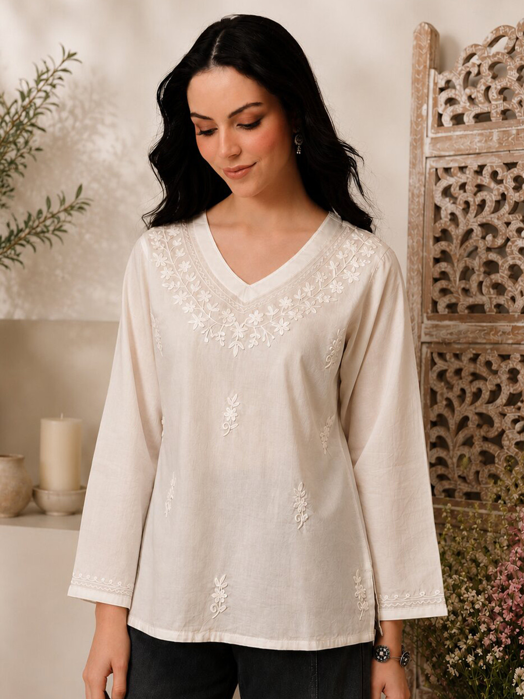 QAZMI Women Pure Cotton Aari Work V-Neck Full Sleeves Kurti