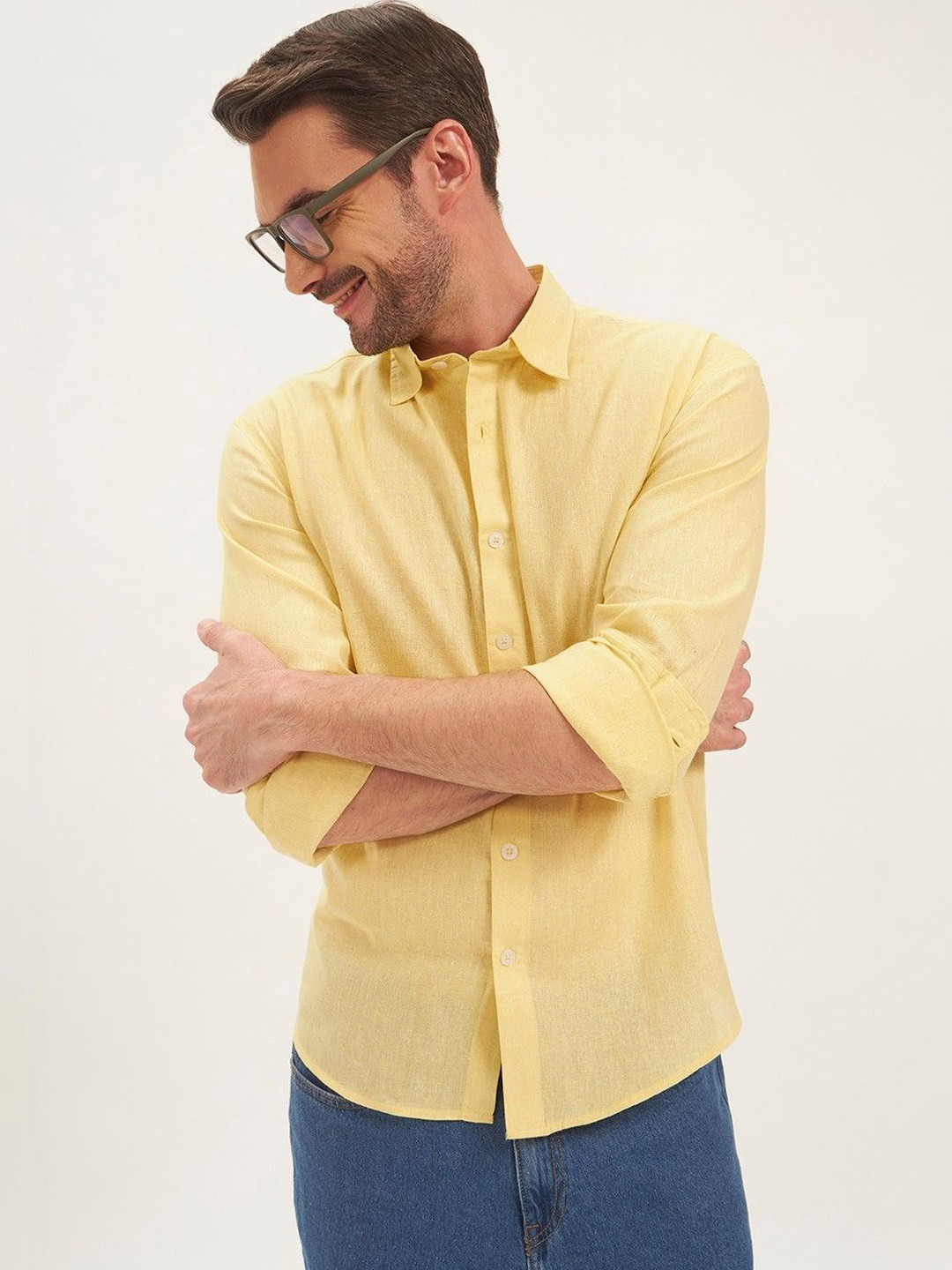 MOE&JEK Men Light Yellow Shirt Cotton Linen Relaxed Fit Casual Shirt