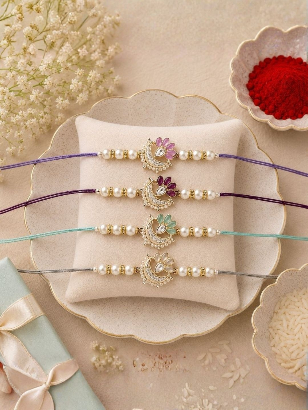 I Jewels Set Of 4 Kundan Studded Pearl Beaded Rakhis With Roli Chawal & Greeting Card
