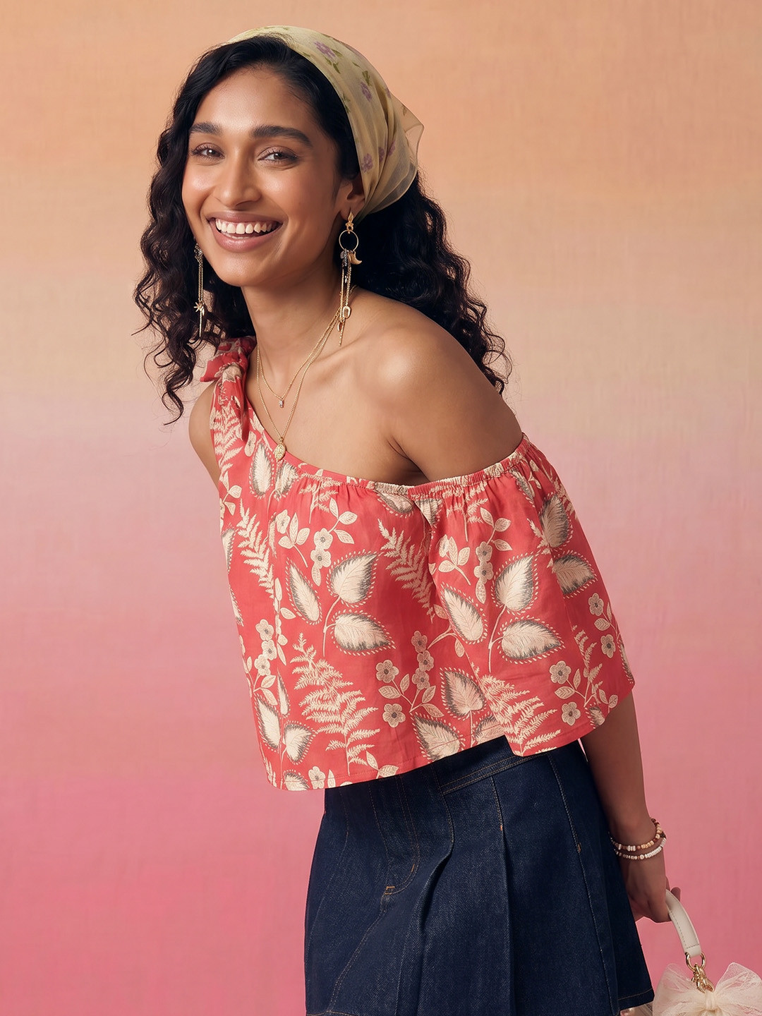 ZACCAI Floral Printed One Shoulder Flared Sleeve Pure Cotton Top