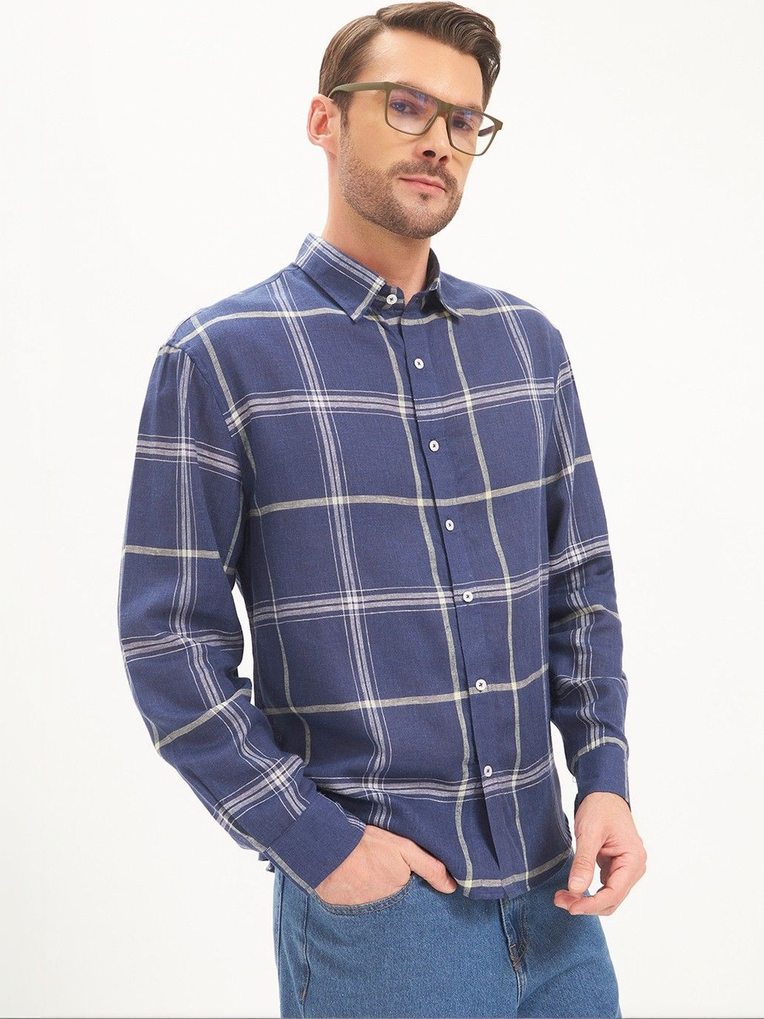 MOE&JEK Men Blue Windowpane Check Cotton Linen Casual Shirt