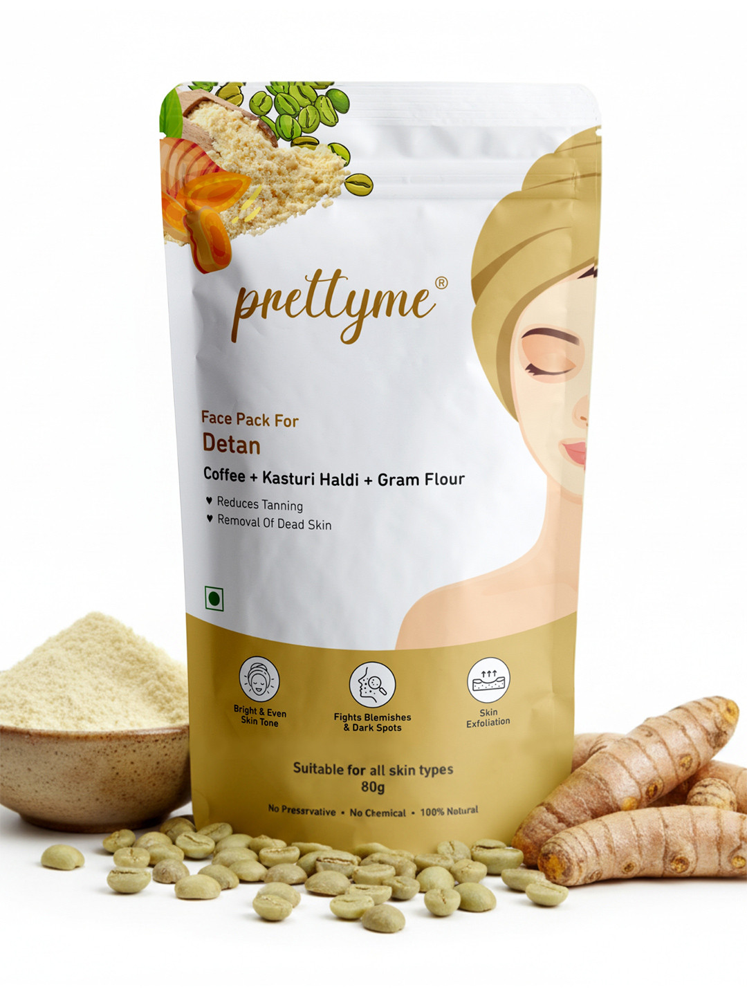 Prettyme Coffee & Besan Powder Face Pack For Detan Tan Removal & Brighter Skin Tone 80gm