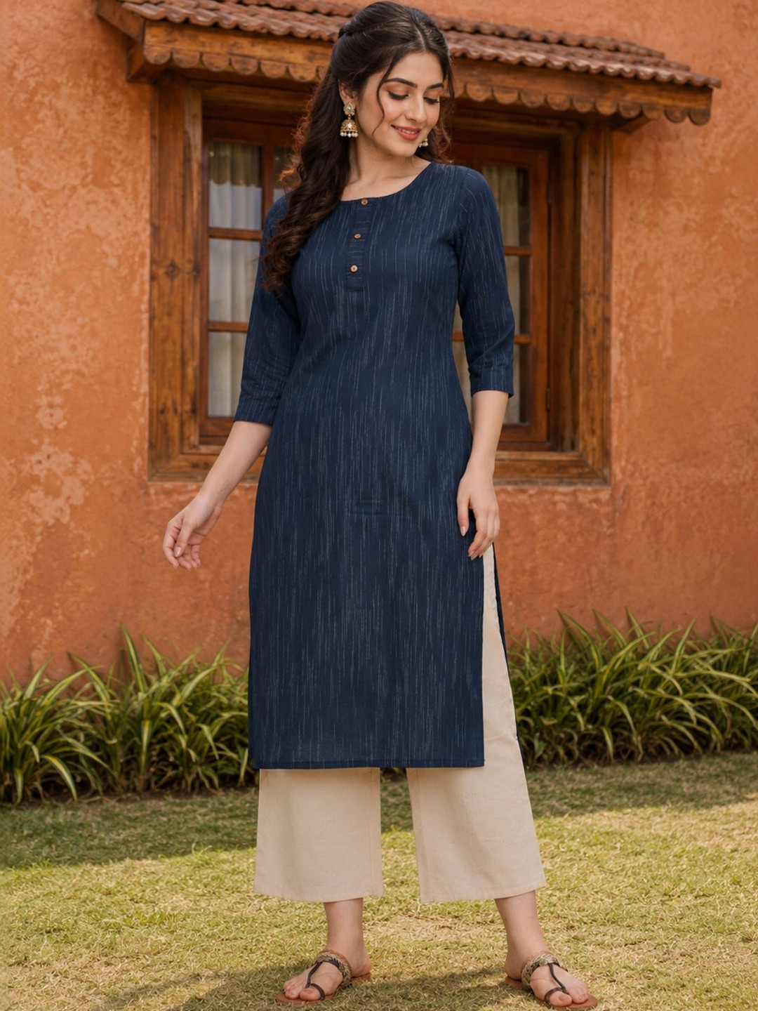 Saanjh Women Striped Keyhole Neck Mirror Work Kurta