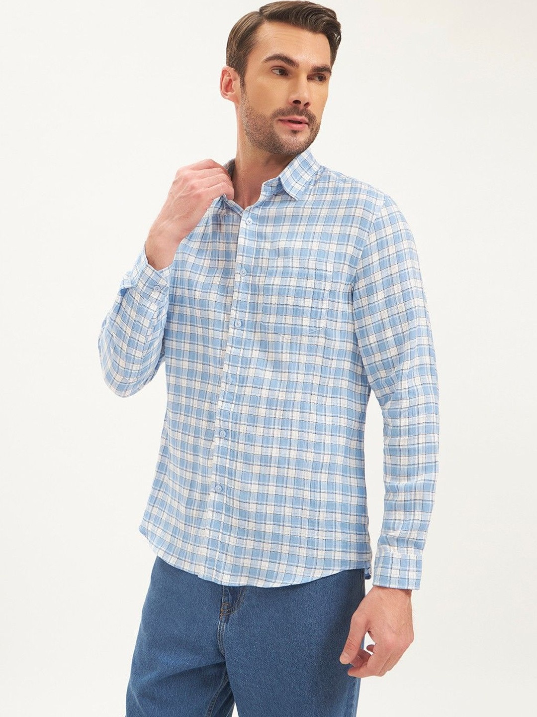 MOE&JEK Men Blue Gingham Checked Cotton Casual Shirt