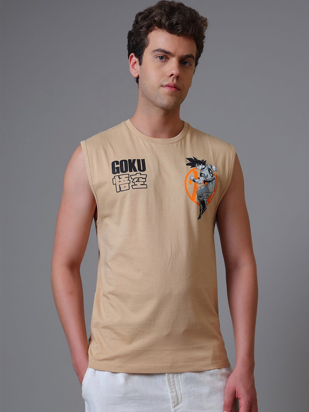 Dragon Ball Z Regular Fit Round Neck Beige Muscle-T For Young Men