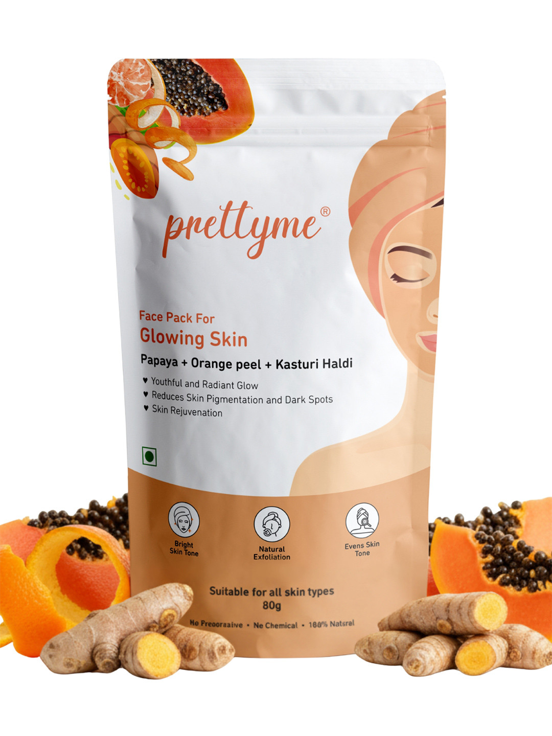 Prettyme Papaya Manjistha Haldi & Orange Peel Powder Face Pack for Glowing Skin - 80g