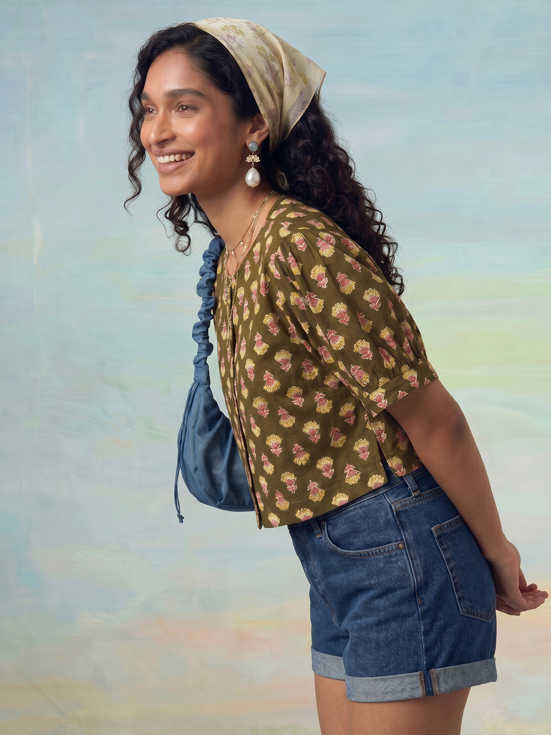 ZACCAI Floral Printed Puff Sleeve Pure Cotton Top