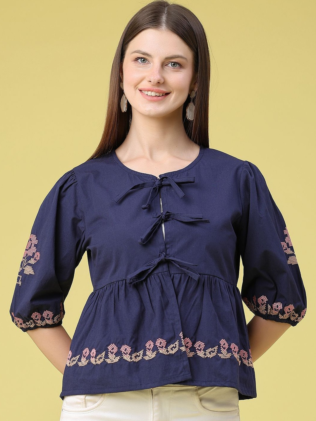 Embroidered Puff Sleeve Cotton Peplum Top