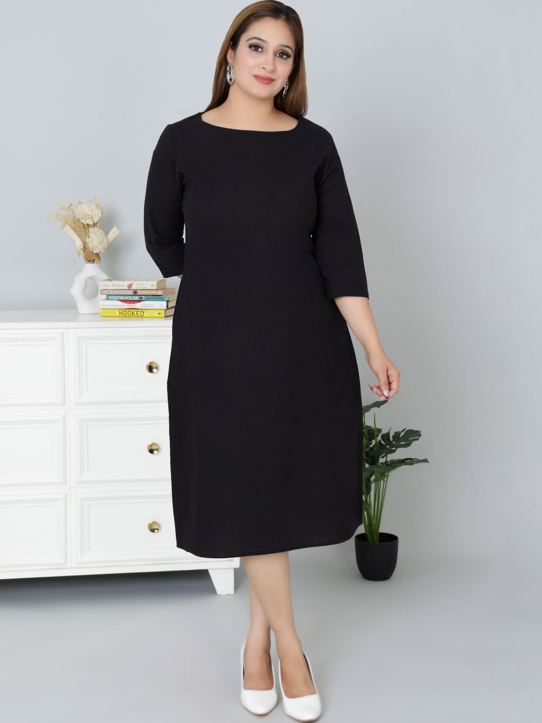 Mlada Women Solid Cotton 3/4th Sleeves A-Line Flared Midi Dress with Pockets
