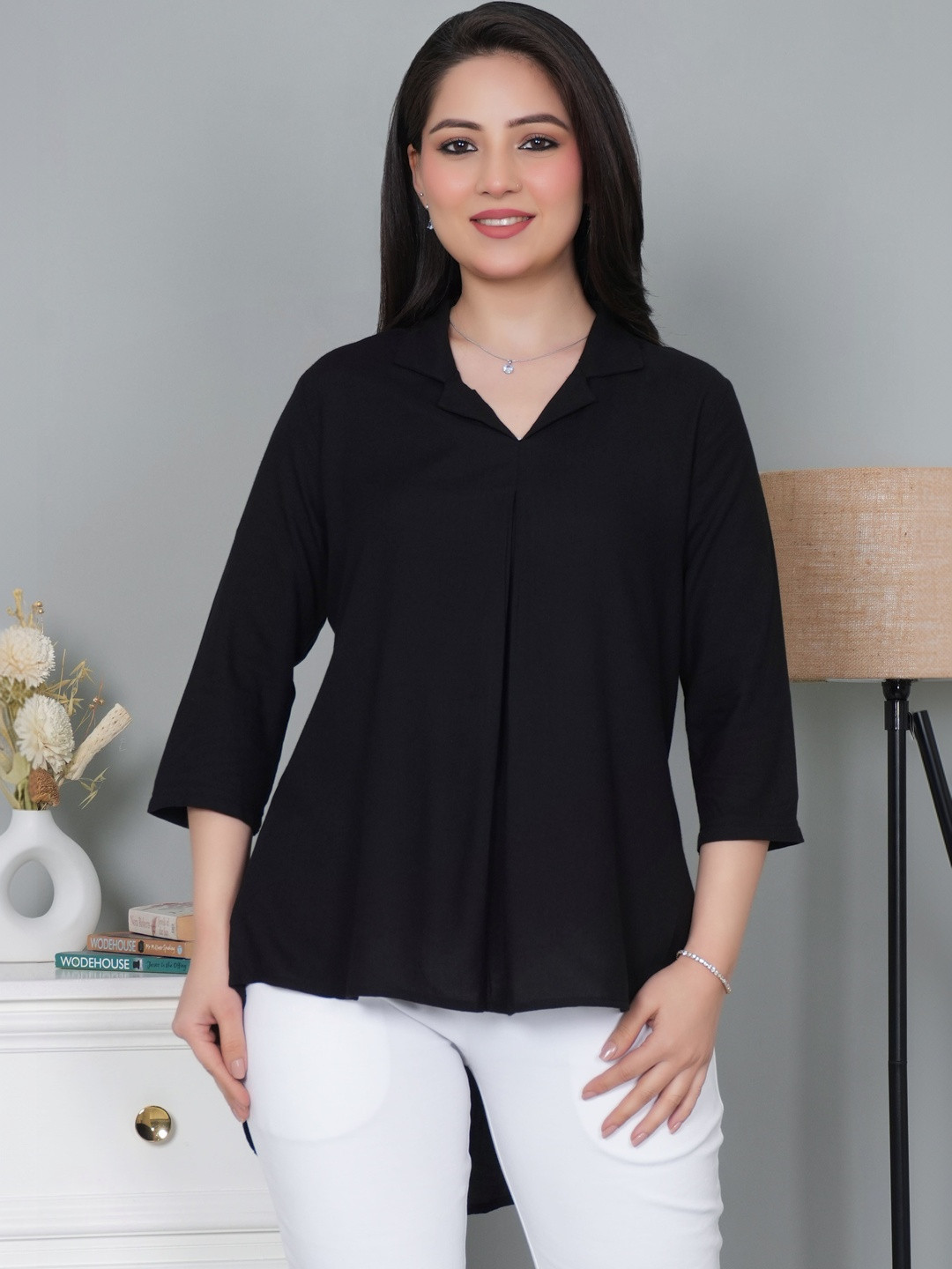 Mlada Women Regular Fit Solid 3/4th Sleeves Rayon Collar Flare Tunic Tops