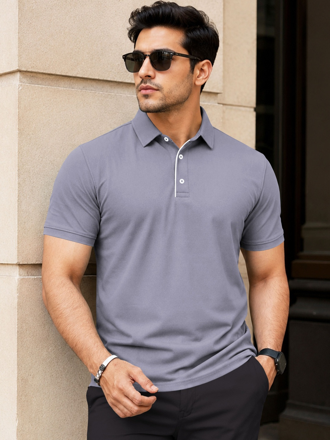 VeBNoR Men Solid Polo Collar Short Sleeves Slim Fit Casual T-shirt