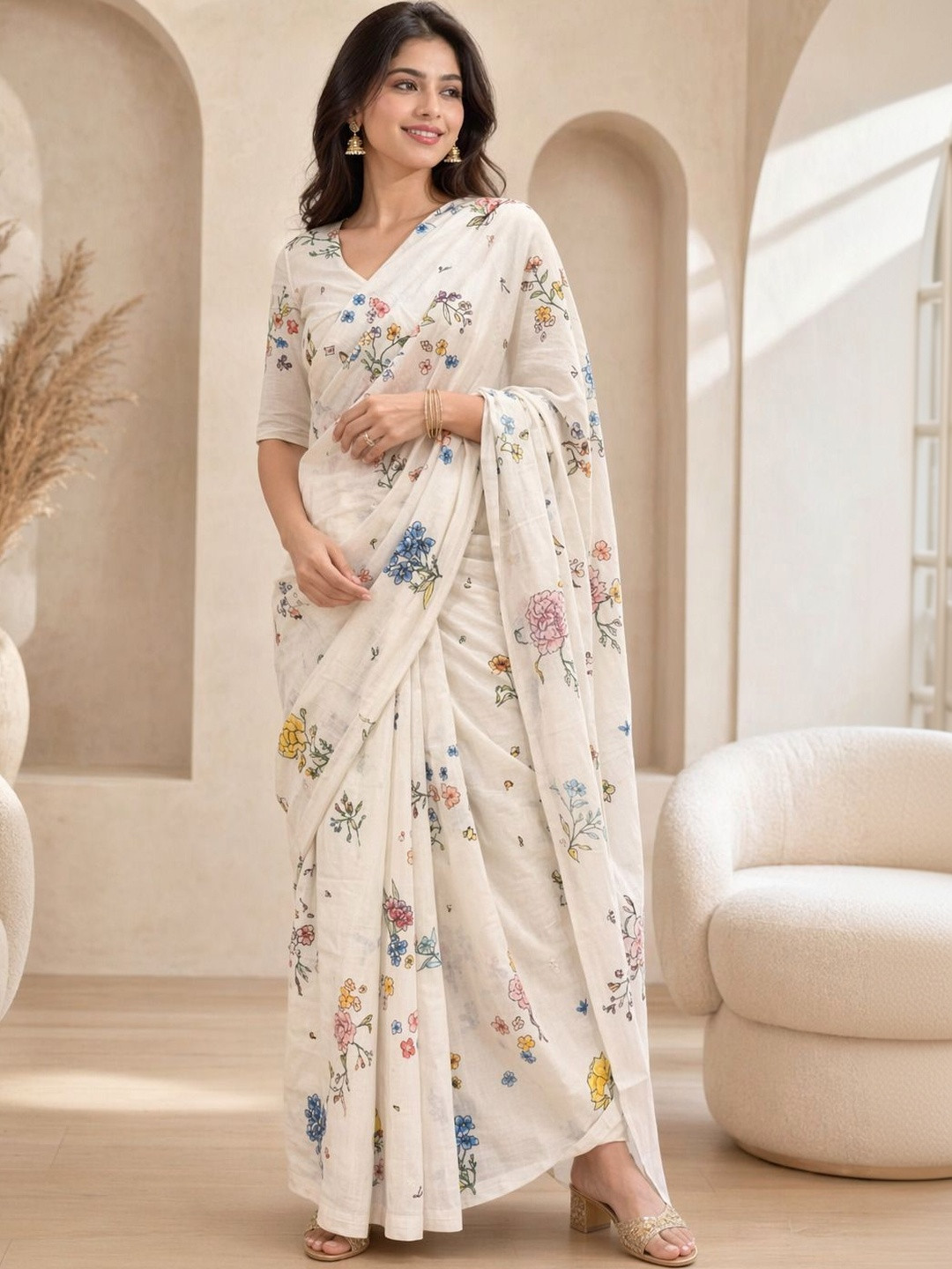 MEHARIKA Floral Cotton Blend Khadi Saree