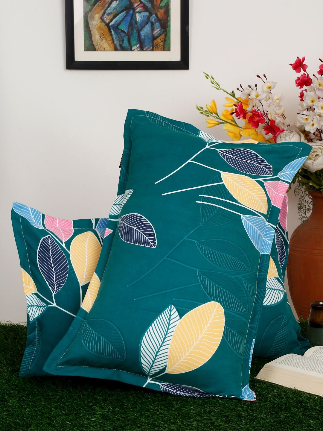 Myntra Elegant Homes Green & Pink 2 Pieces Floral Cotton Linen Blend Rectangle Pillow Covers