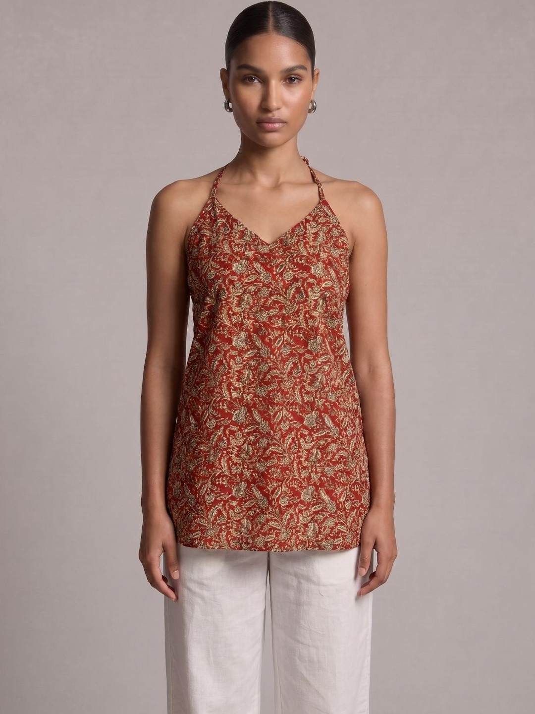 Nishorama Botanical Printed Halter Neck Pure Cotton Kurti