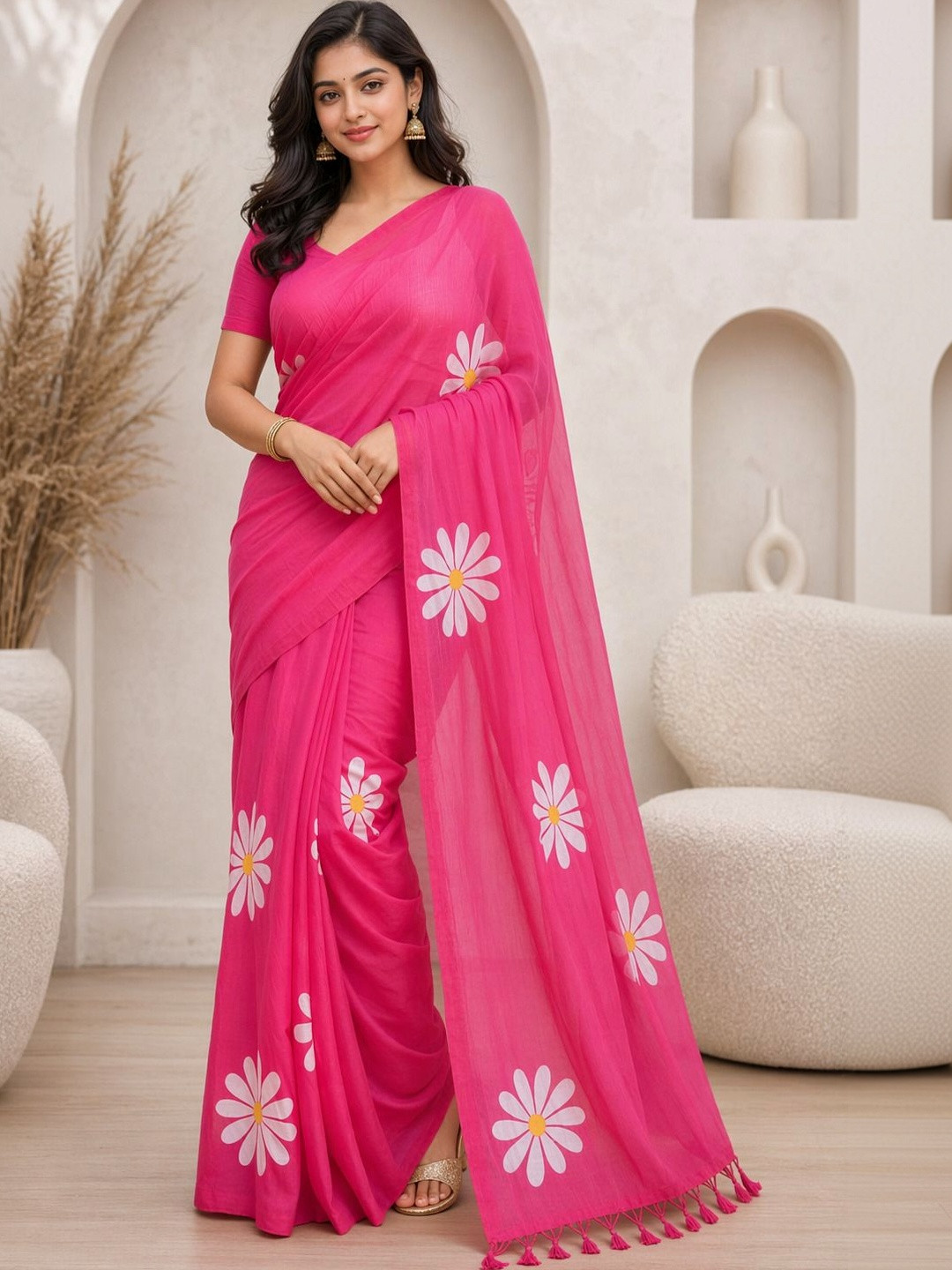 KRISHNA KURTIES Floral Cotton Blend Khadi Saree