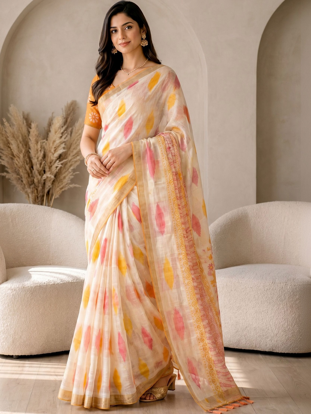 KRISHNA KURTIES Floral Cotton Blend Khadi Saree