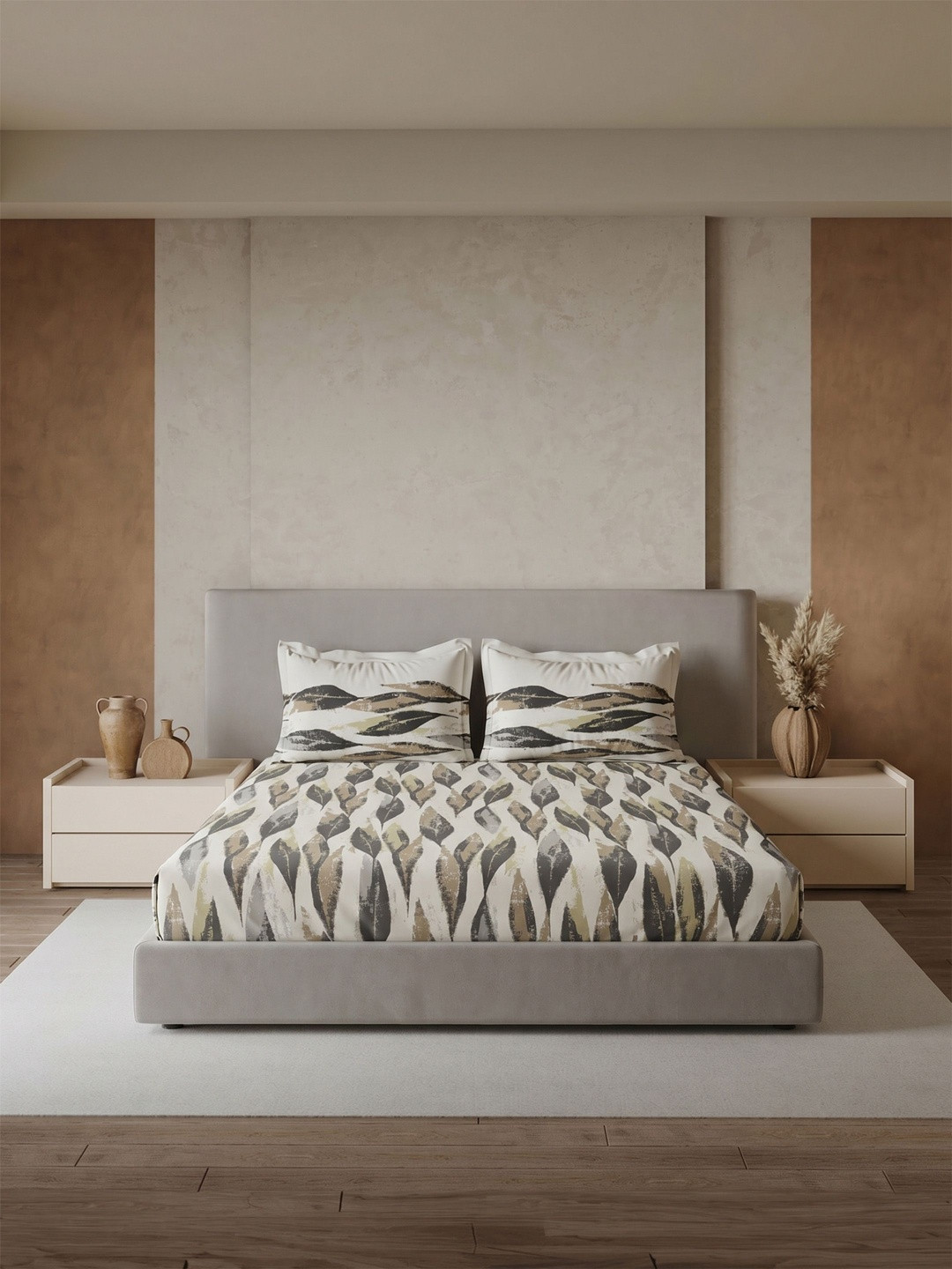 DDecor Grey Floral 144 TC King Bedsheet with 2 Pillow Covers