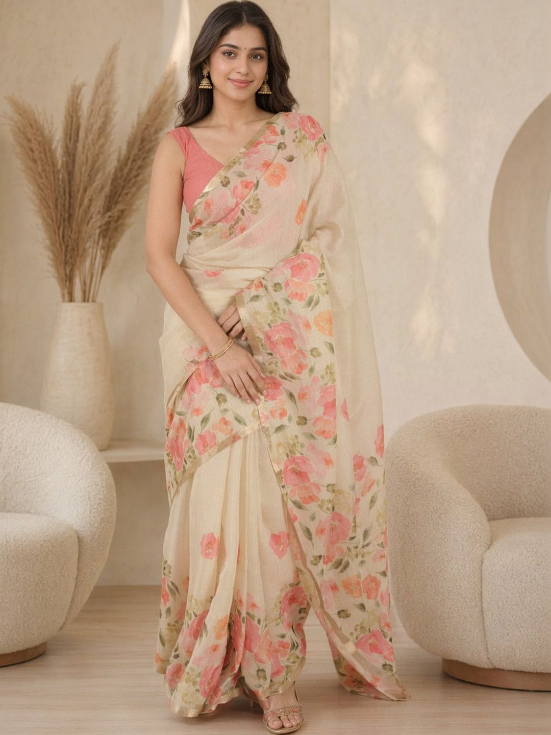 KRISHNA KURTIES Floral Cotton Blend Khadi Saree
