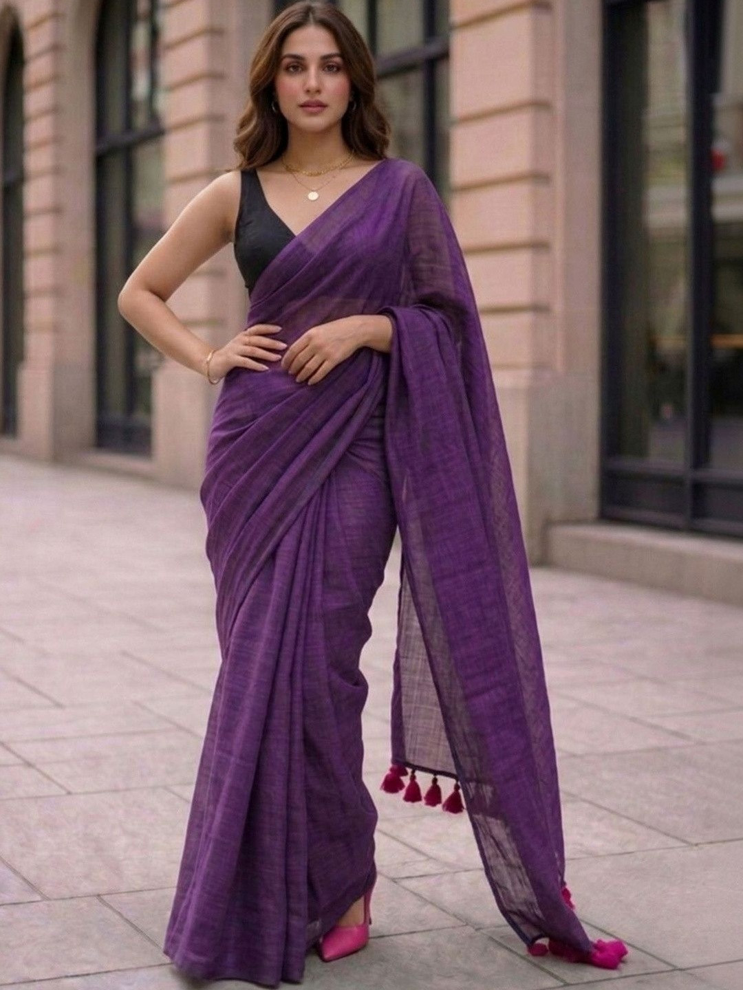 MAYIN India Women Purple Solid Plain Mul Cotton Saree