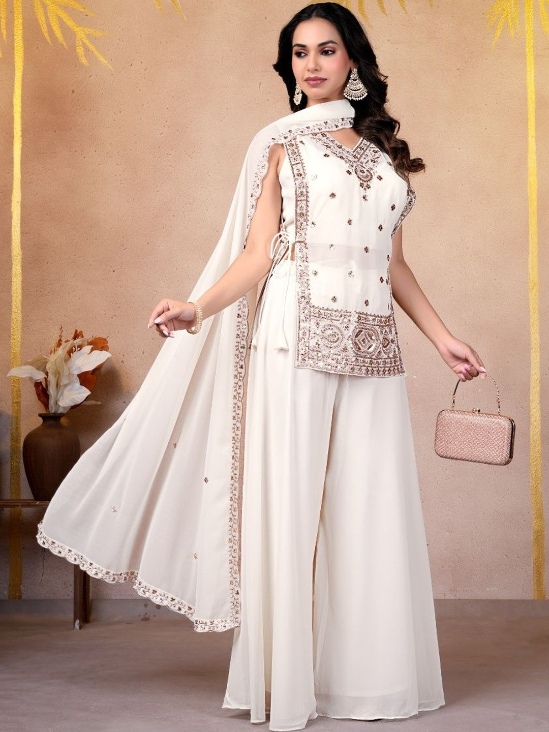 KUKUME Women Ethnic Motifs Embroidered Regular Kurti with Palazzos & With Dupatta