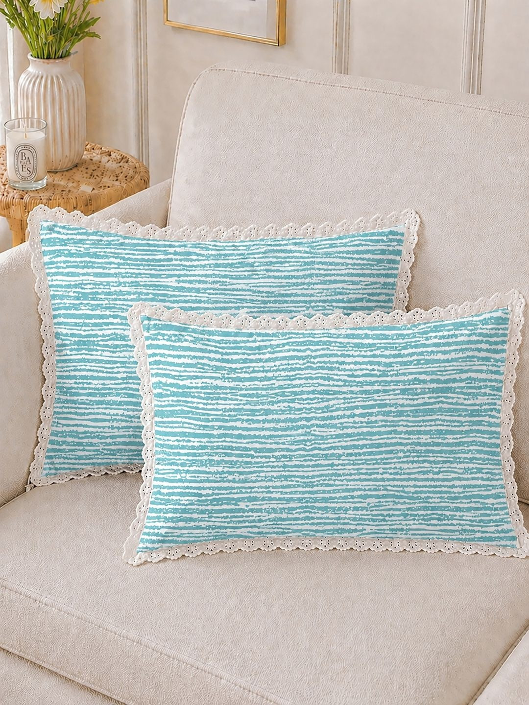 BREVARD Sea Green 2 Pieces Floral Pure Cotton Blend Rectangle Pillow Covers