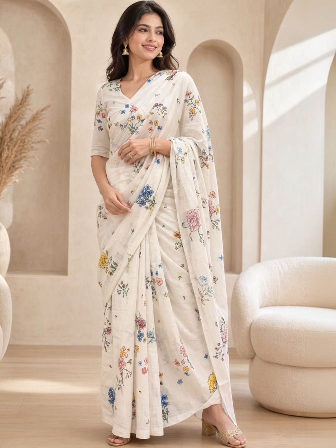 KRISHNA KURTIES Floral Cotton Blend Khadi Saree