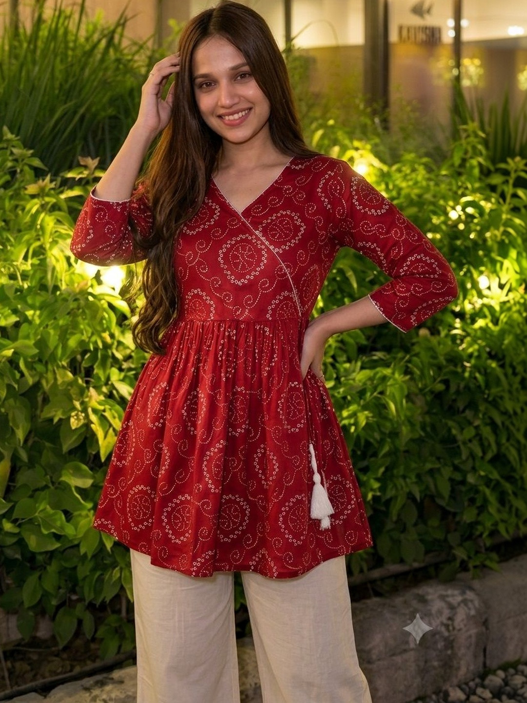 Vastrakaya Bandhani Printed V-Neck Pure Cotton Blend Angrakha Kurti