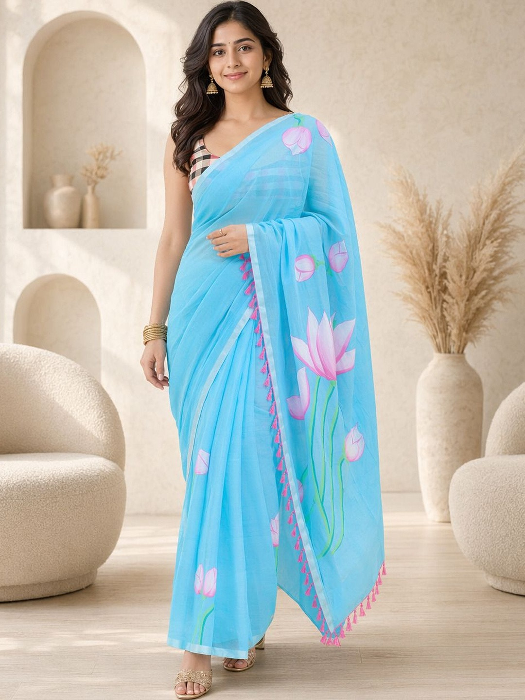 KRISHNA KURTIES Floral Cotton Blend Khadi Saree