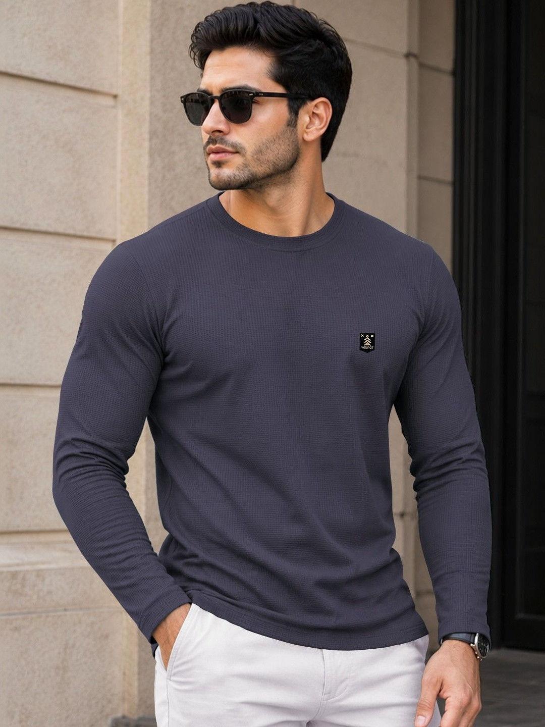 VeBNoR Men Self Design Long Sleeves Casual T-shirt