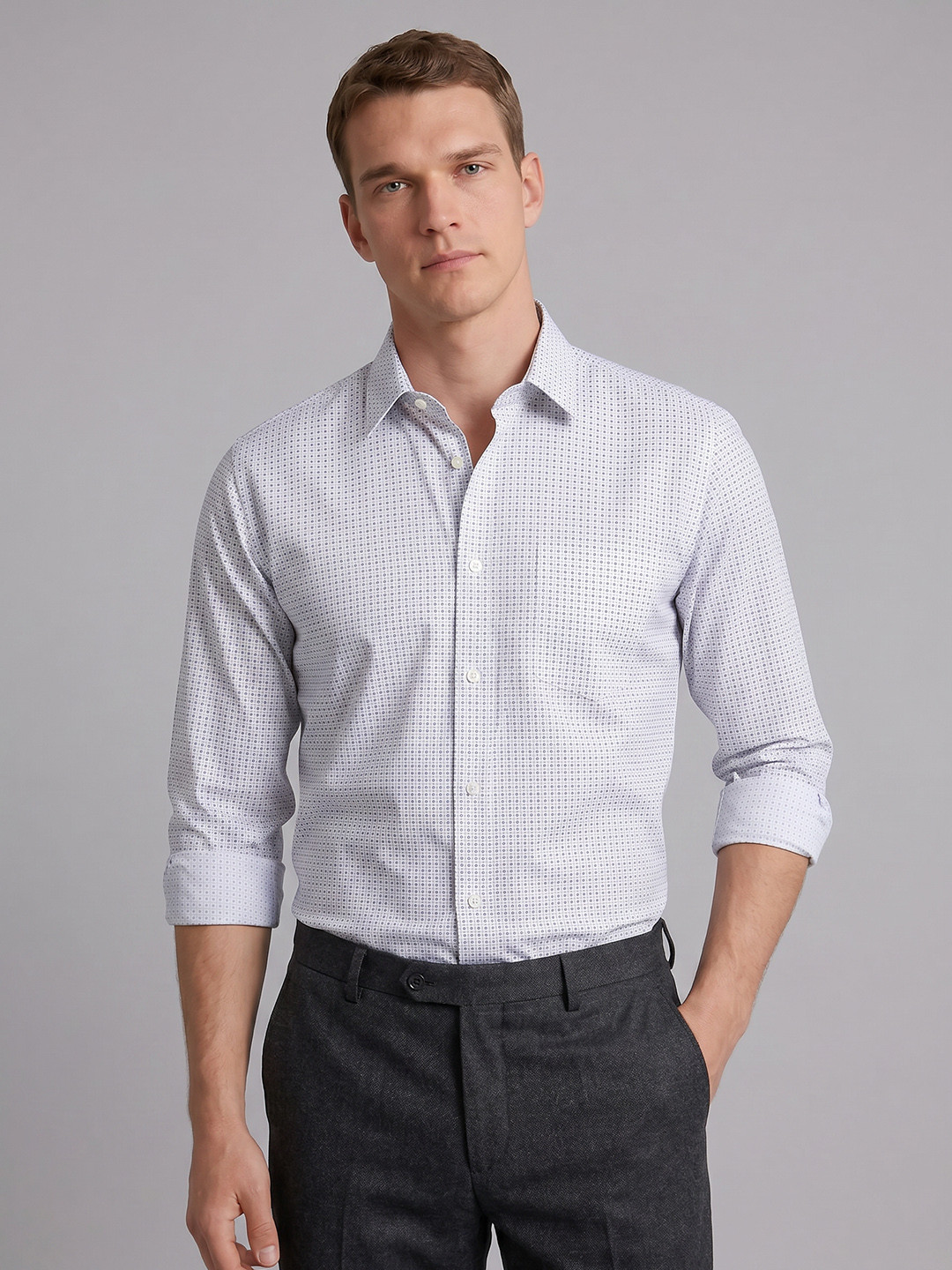 Blackberrys Slim Fit Micro Ditsy Printed Pure Cotton Formal Shirt