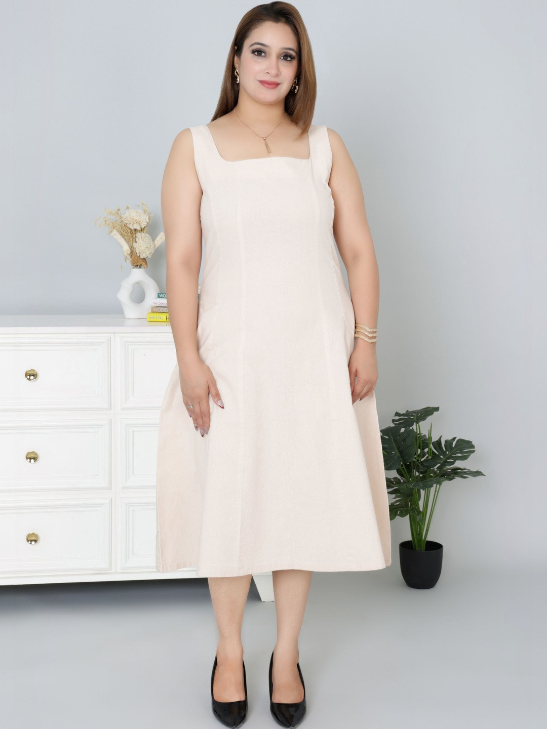 Mlada Women Solid Cotton Sleeveless A-Line Flare Midi Dress with Pockets