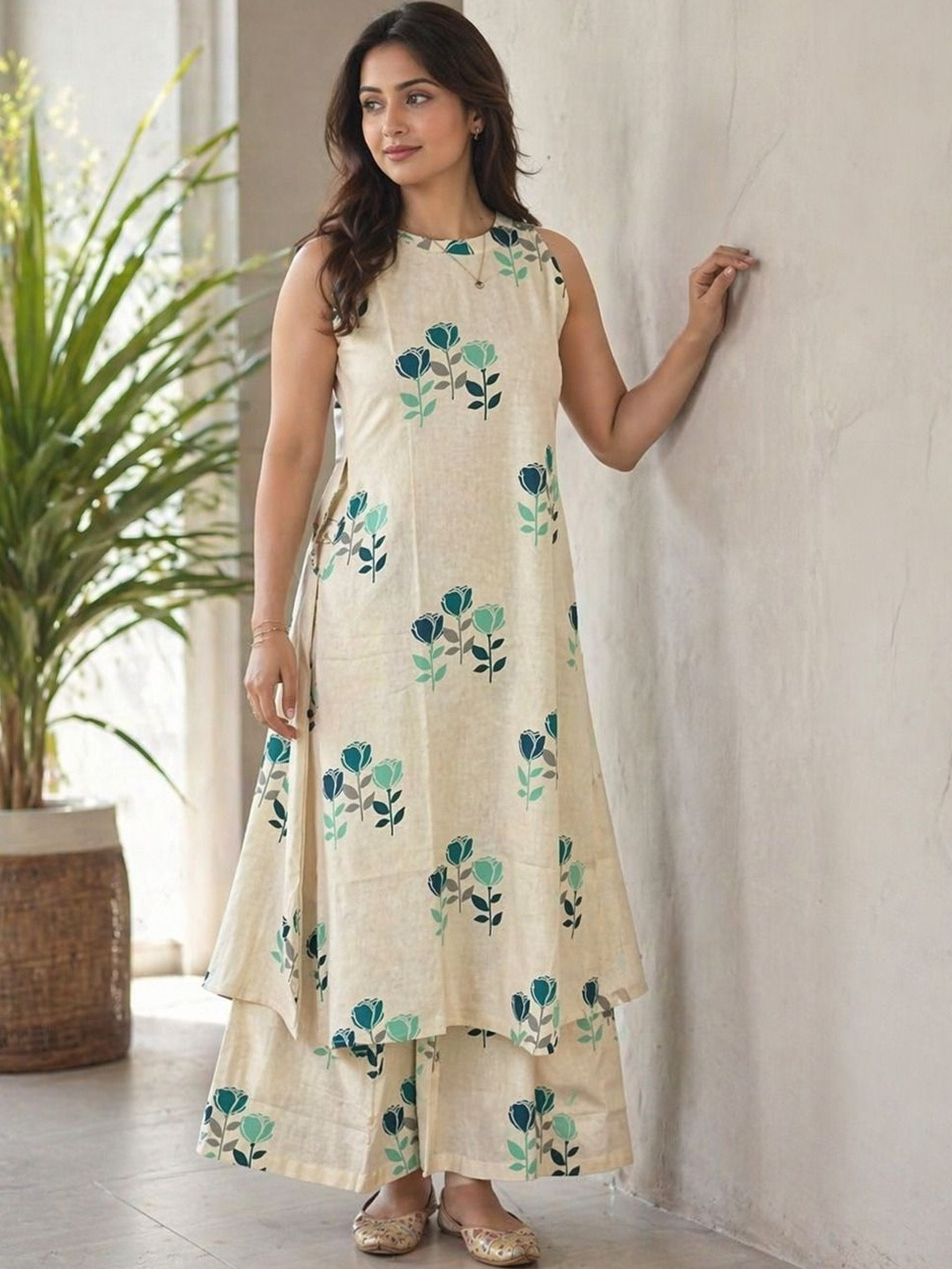 THEOMFAB Women Floral Printed Empire Kurti with Palazzos