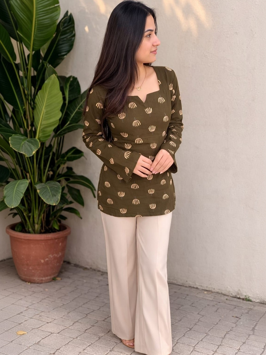 KURVEE Printed Square Neck Flared Sleeves Pure Cotton Kurti