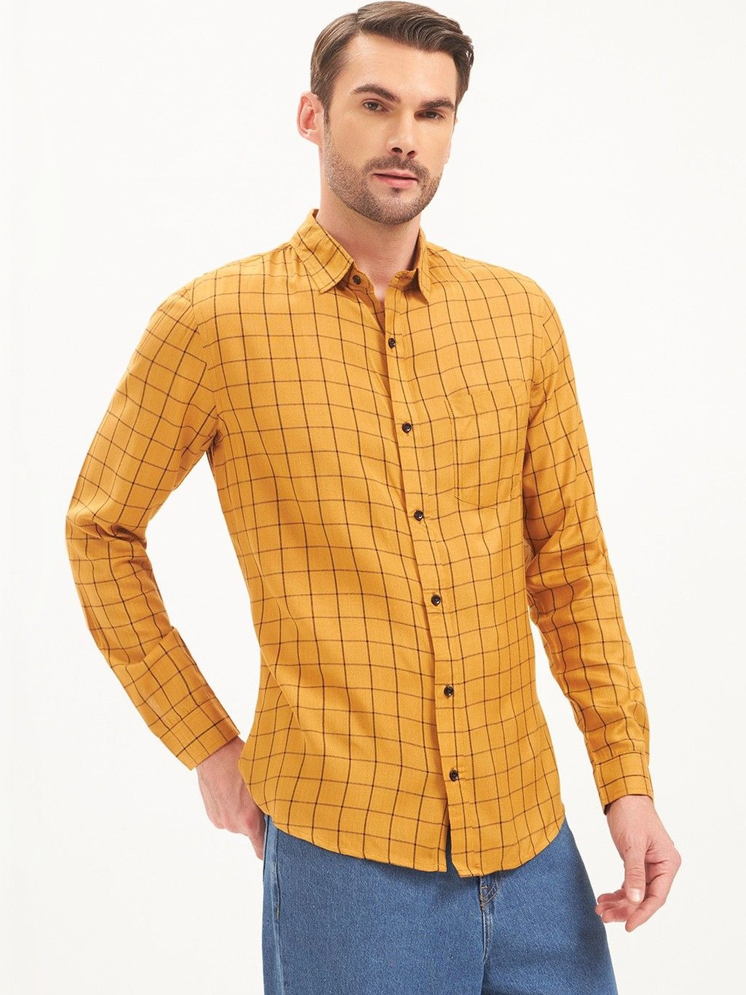 MOE&JEK Mustard Yellow Check Casual Cotton Twill Regular Fit Shirt