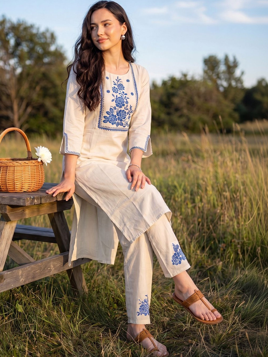 Indo Era Women Floral Embroidered Regular Thread Work Pure Cotton Kurta with Trousers