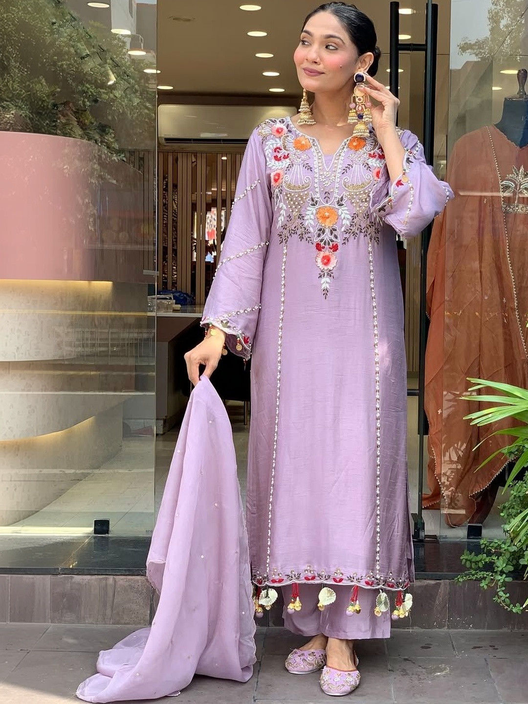 all about you Women Ethnic Motifs Embroidered Regular Thread Work Chanderi Silk Kurta with Palazzos & With