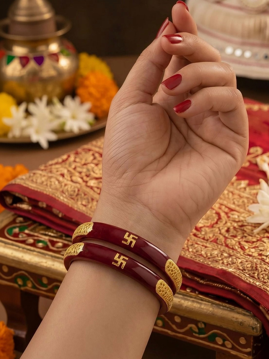 Monamaar Set Of 2 Gold-Plated Swastika -Pola Bandhano Bangles