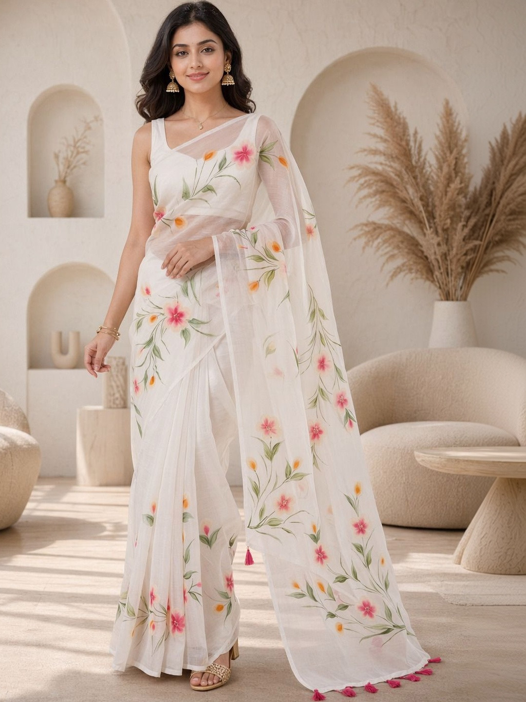 KRISHNA KURTIES Floral Cotton Blend Khadi Saree