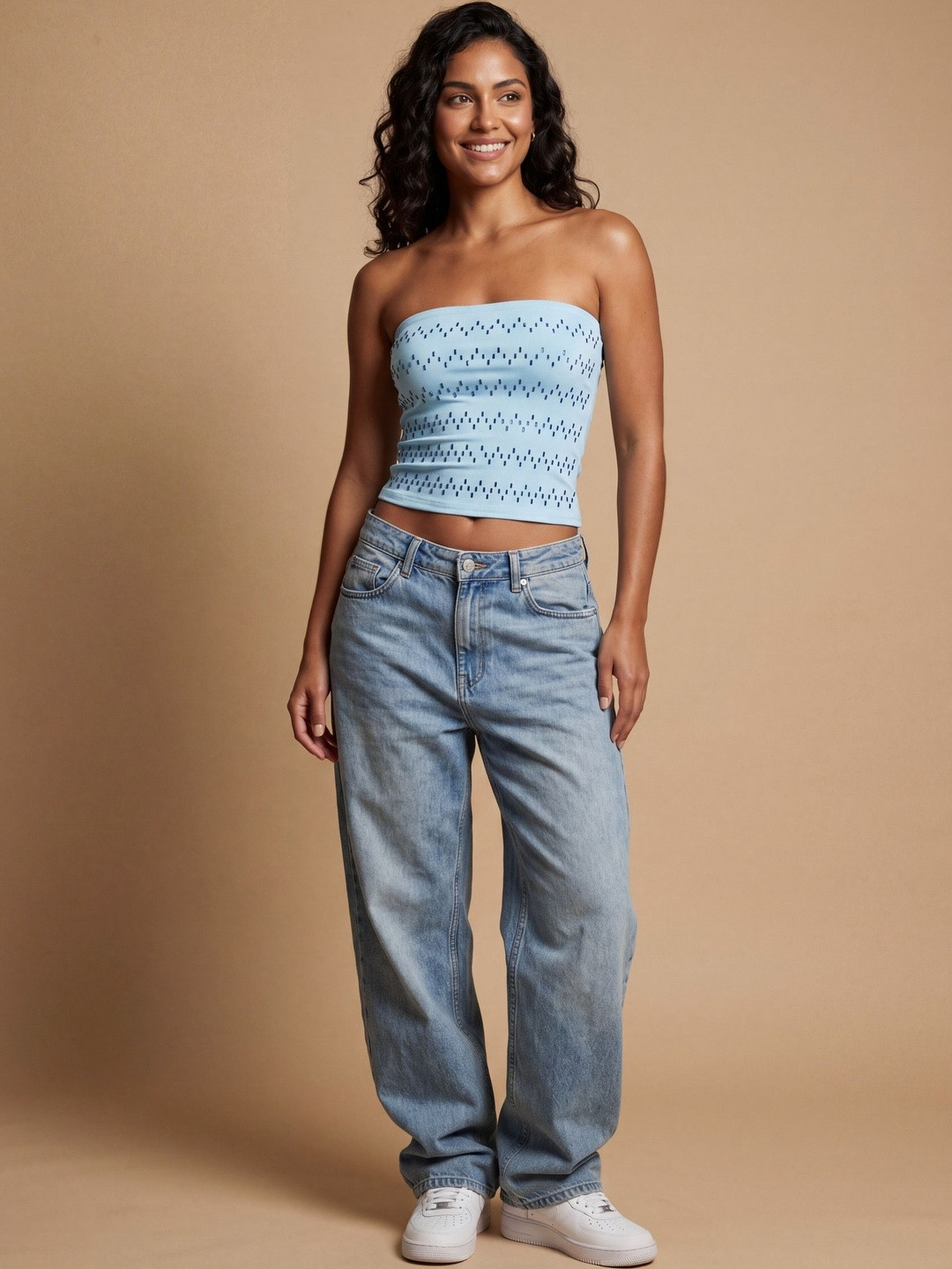 Blue Embellished Crop Tube Top