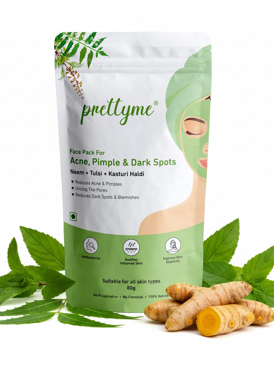 Prettyme Neem Tulsi & Haldi Powder Face Pack for Acne Pimple Free Skin & Dark Spots -80g