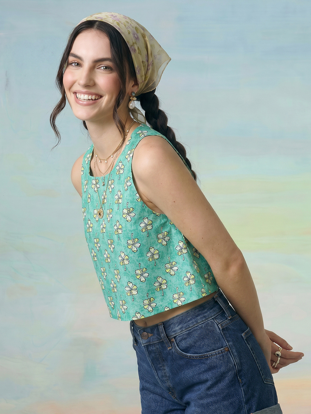 ZACCAI Sleeveless Floral Printed Crop Top