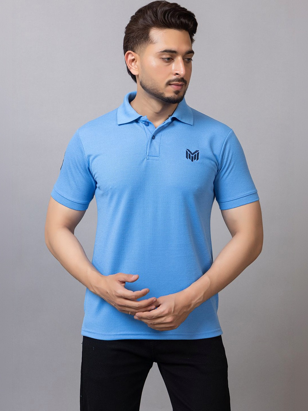 MAFURD Men Brand Logo Polo Collar Applique T-shirt